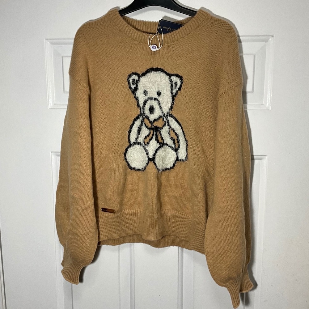 Simply Southern Women Tan Fuzzy Teddy Bear Graphic Knit Sweater New XS
